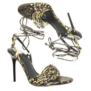 Zara black yellow snake skin leather lace up heels
